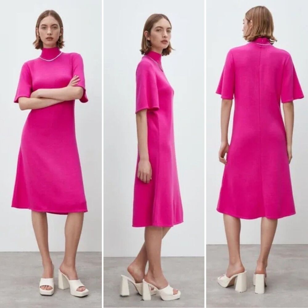 Zara Dress Hot Pink Mock Neck Short Sleeve Knit Midi M